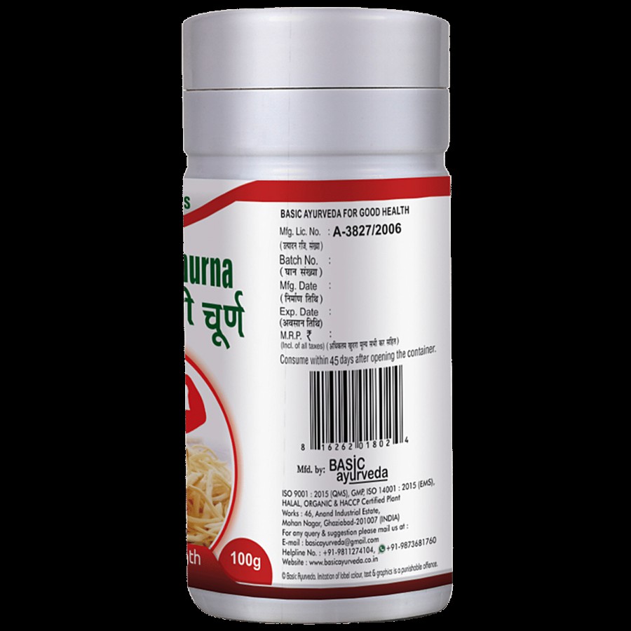 Basic Ayurveda Safed Musli Churna - Effectively Reduces Blood Sugar Levels & Fights Oxidative Stress