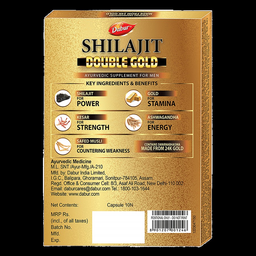 Dabur Dabur Shilajit Double Gold - 10 Capsules | Shilajit Enriched with 2X Gold & Kesar | More Stamina & Strength