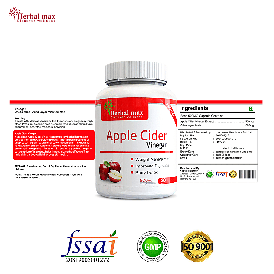 Herbal max Apple Cider Vinegar Capsules - For Body Detoxification & Supports Digestive Health