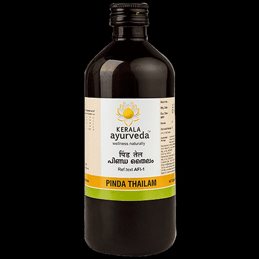 Kerala Ayurveda Pinda Thailam 450 Ml | Gout Joint pain relief Oil | Gouty Arthritis Gout Relief Oil | Relieves Burning Sensation in Varicose Veins |With Manjistha and Anantamul | Sesame Oil Base| Reduces redness and swelling | Helps in gout |100% Ayu