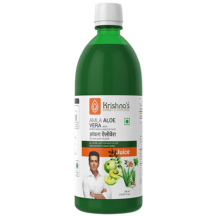 Krishnas Amla Aloe Vera Wheatgrass Haldi & Tulsi Juice - Supports Immune System