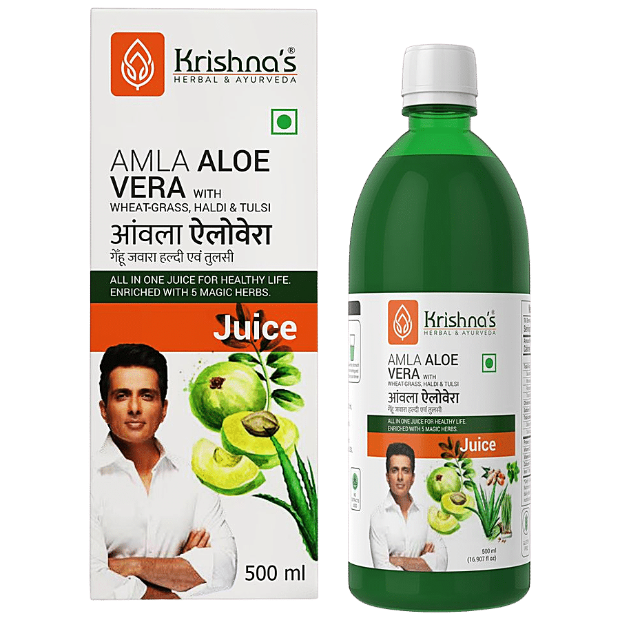 Krishnas Amla Aloe Vera Wheatgrass Haldi & Tulsi Juice - Supports Immune System