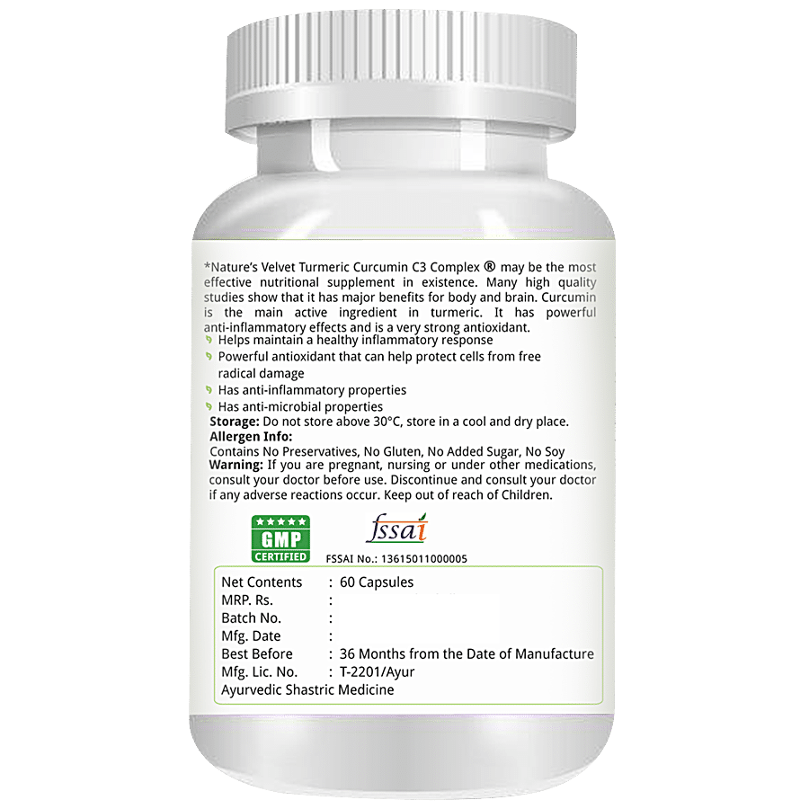 Natures Velvet Turmeric Curcumin C3 Complex 95% Curcuminoids 500 mg Vegetarian Capsules - Anti-oxidant