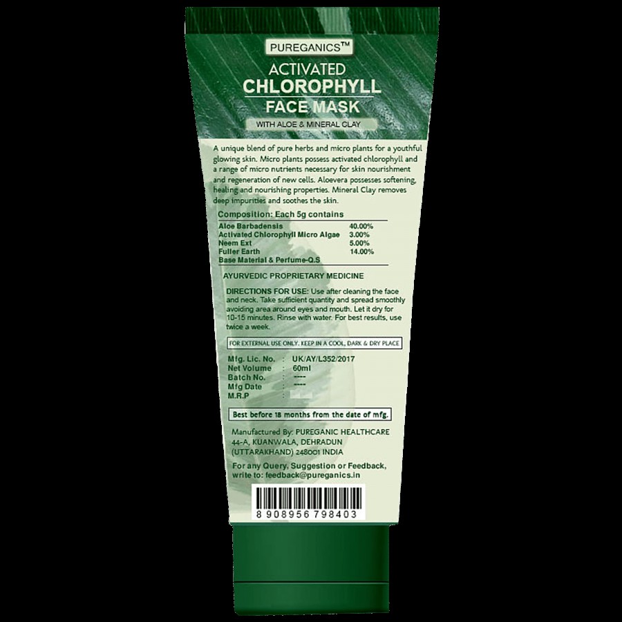 PUREGANICS Activated Chlorophyll Face Pack - With Aloe & Mineral Clay