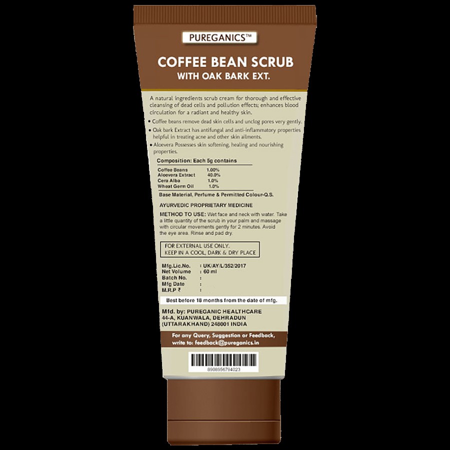 PUREGANICS Coffee Beans Scrub With Oak Bark Extract - Removes Dead Skin Cells