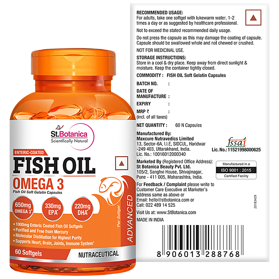 StBotanica Fish Oil 1000mg Softgels - Advanced Double Strength 650mg