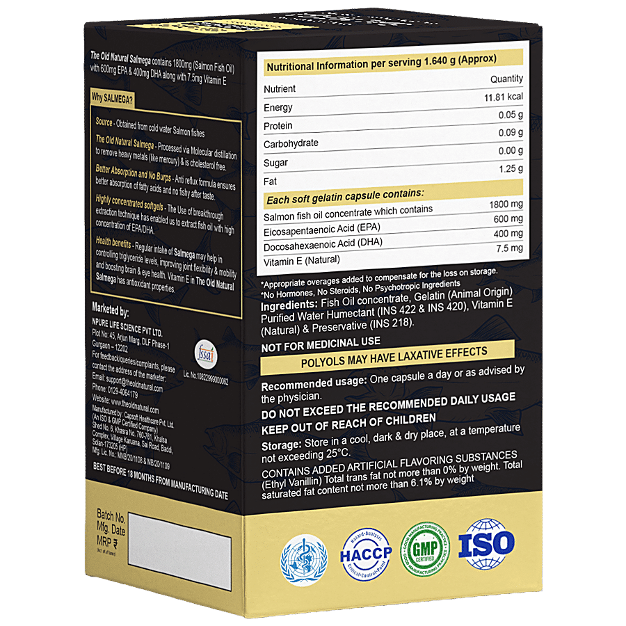 The Old Natural Salmega Triple Strength Salmon Omega-3 Fish Oil 1800mg Softgels - High Potency 600mg EPA & 400mg DHA