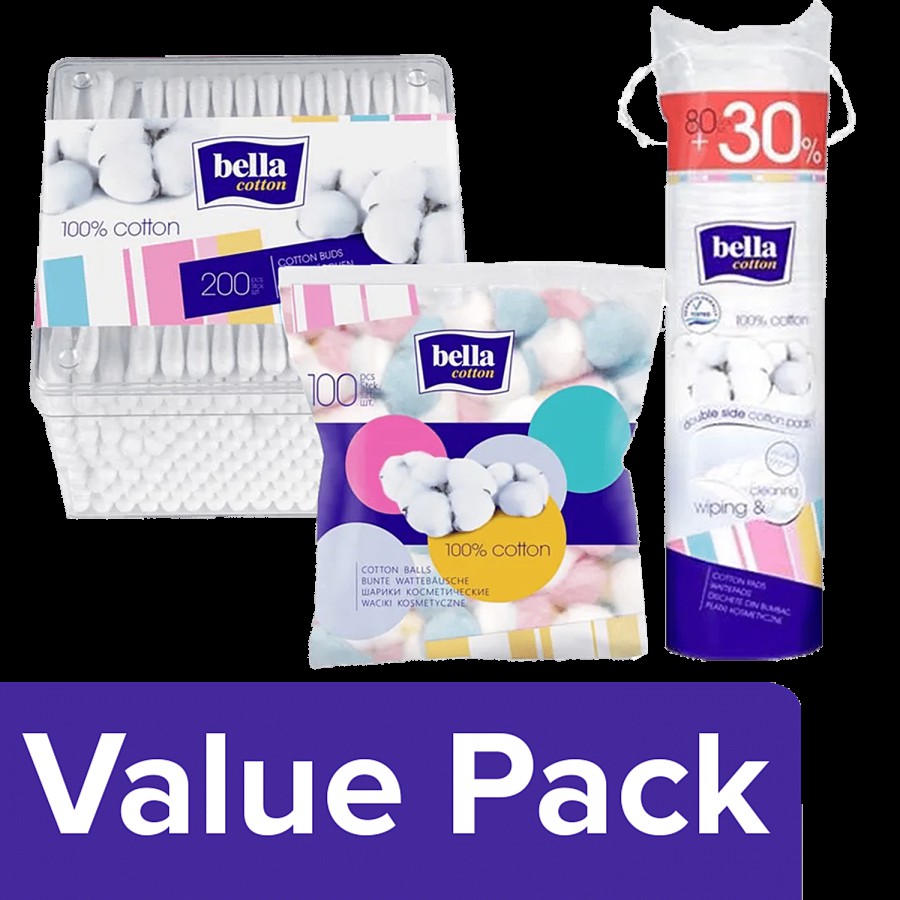 Bella Cotton Pads 80pcs (Get 30% Free)+Cotton Buds 200pcs+Cotton Cosmetic Balls 100pcs