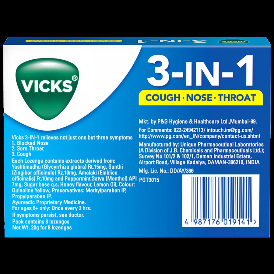 Vicks 3 In 1 Throat Lozenges For Cough - Honey Lemon