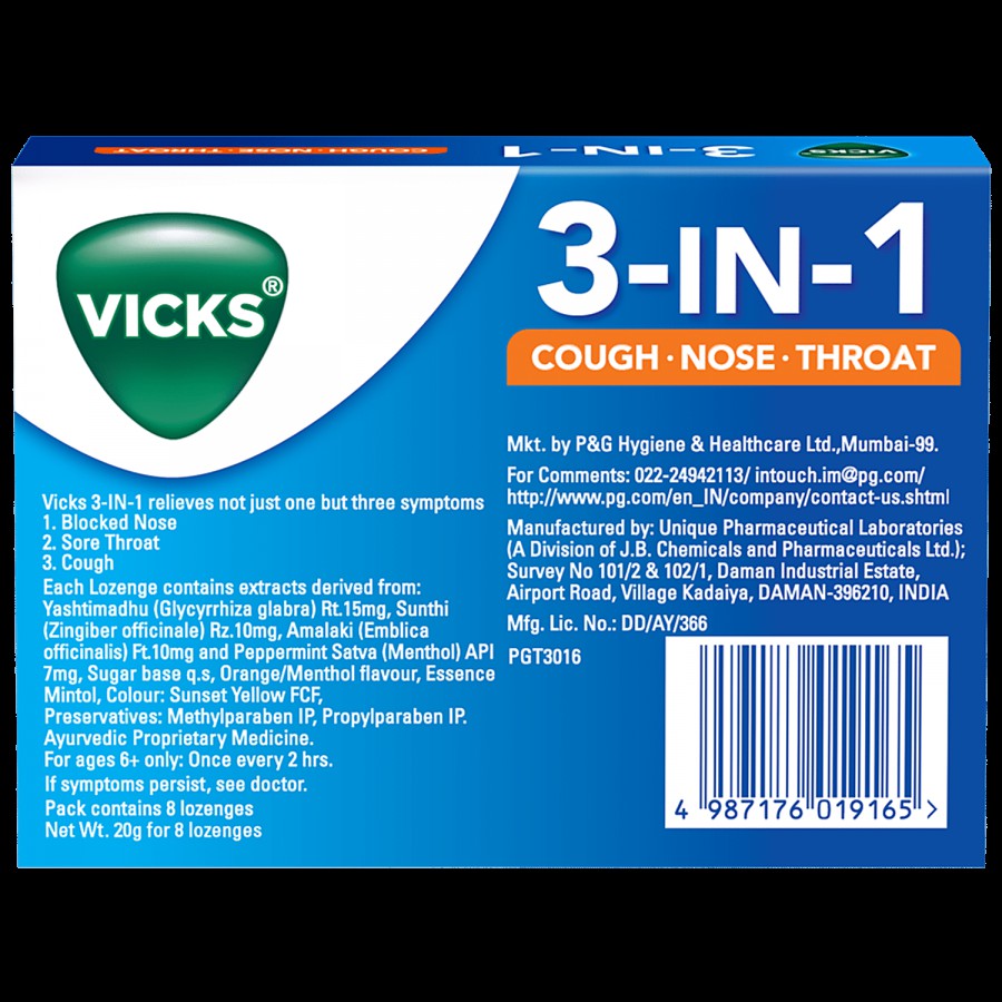 Vicks 3 In 1 Throat Lozenges For Cough - Orange Menthol