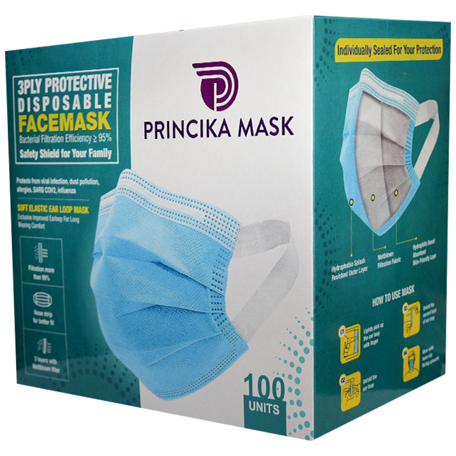 PRINCIKA MASK 3 Ply Protective Disposable Face Mask - Soft Elastic Ear Loop