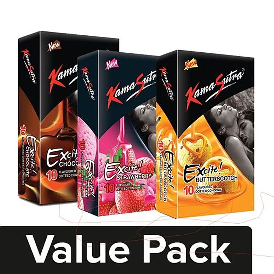 KamaSutra Condoms-Chocolate+Excite Condom-Strawberry+Excite Condom-Butterscotch (10 pcs)