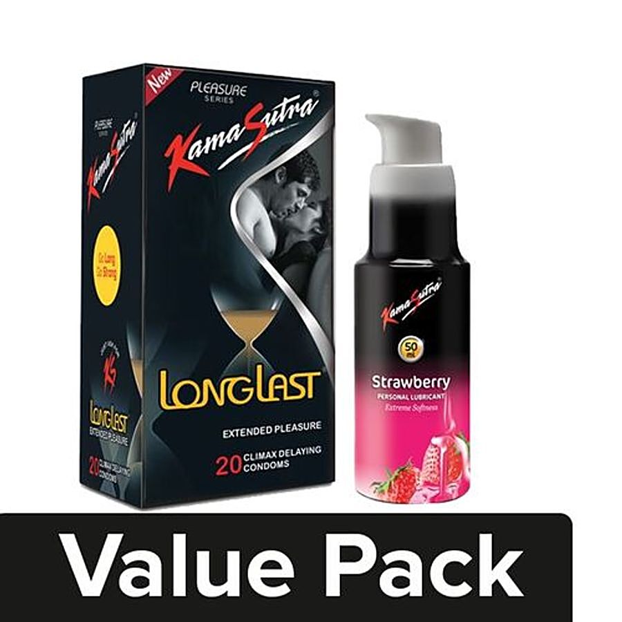 KamaSutra Long Last Condoms 20 pcs + Water Based Lubricant - Strawberry 50 ml