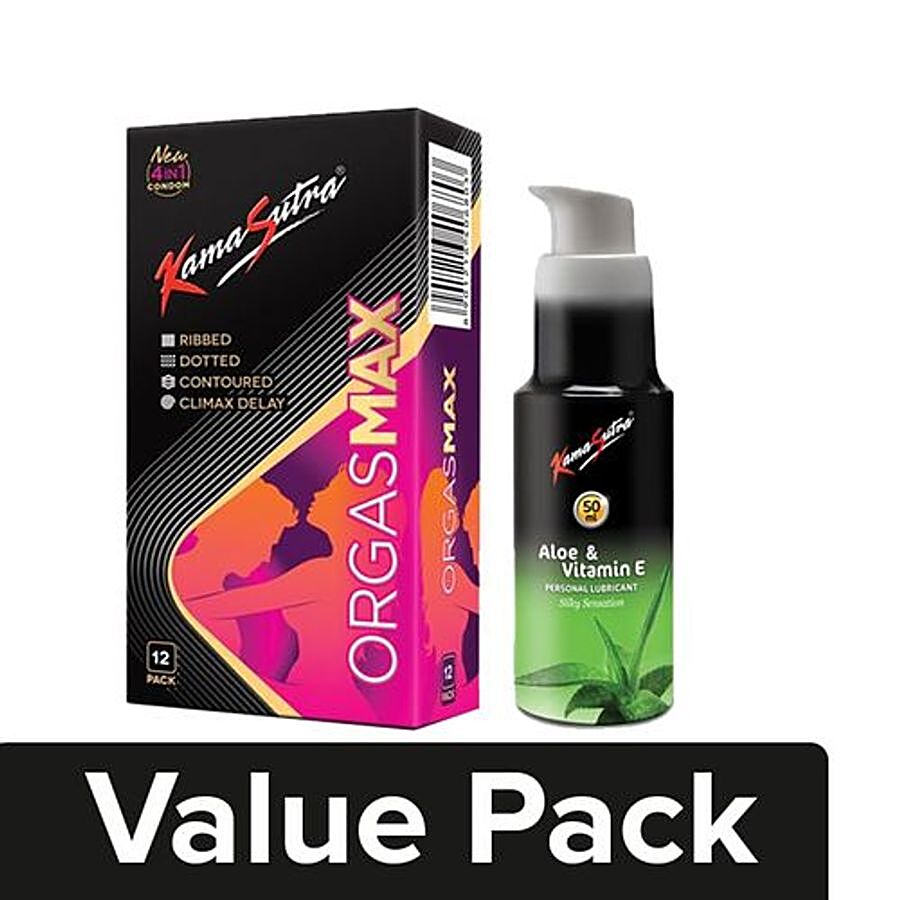 KamaSutra Orgasmax 4-In-1 Condoms 12 pcs + Water Based Lubricant - Aloe Vera 50 ml