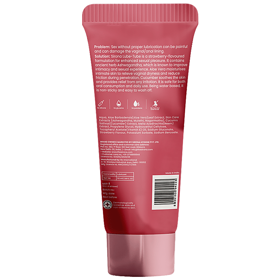 SIRONA Glycerine Free Natural Strawberry Lubricant Gel for Men & Women | Dermatologically Tested