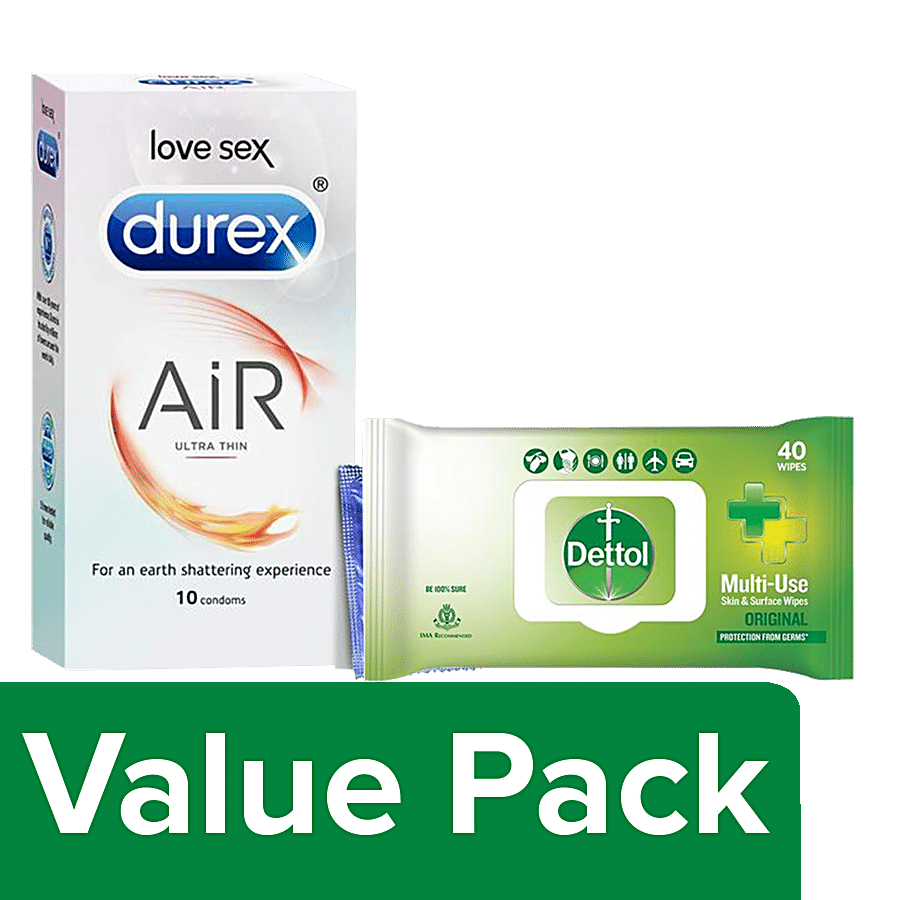 bb Combo Durex Air Condoms 10pcs+Dettol Disinfectant Skin & Surface Original Wipes 40pcs