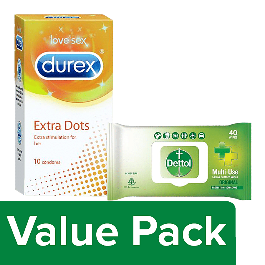 bb Combo Durex Extra Dots Condoms 10 pcs + Dettol Skin & Surface Wipes