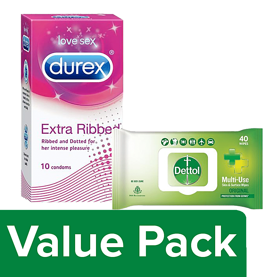 bb Combo Durex Extra Ribbed Condoms 10 pcs + Dettol Skin & Surface Wipes