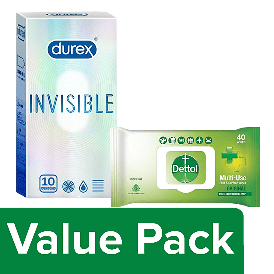 bb Combo Durex Invisible Condoms 10 pcs + Dettol Skin & Surface Wipes