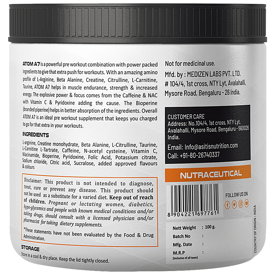 AS-IT-IS Nutrition ATOM A7 Pre-Workout - For Pump & Athletic Performance