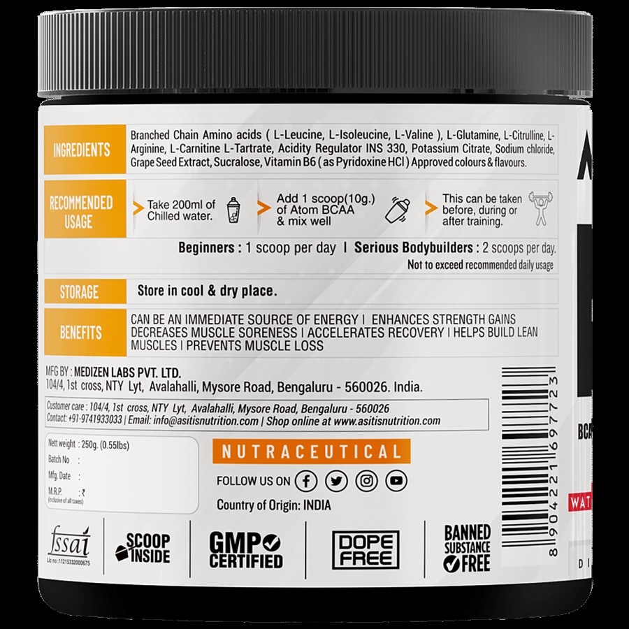 AS-IT-IS Nutrition ATOM BCAA - For Instant Energy & Muscle Recovery