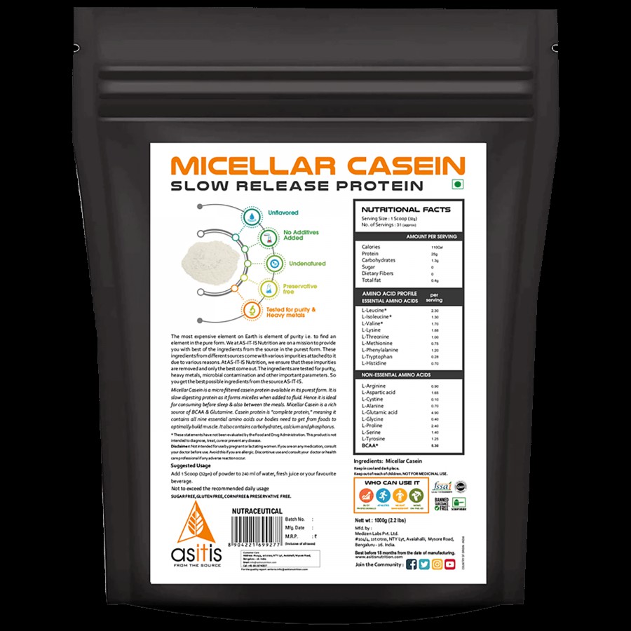 As-It-Is Nutrition Micellar Casein - Slow-Digesting Protein