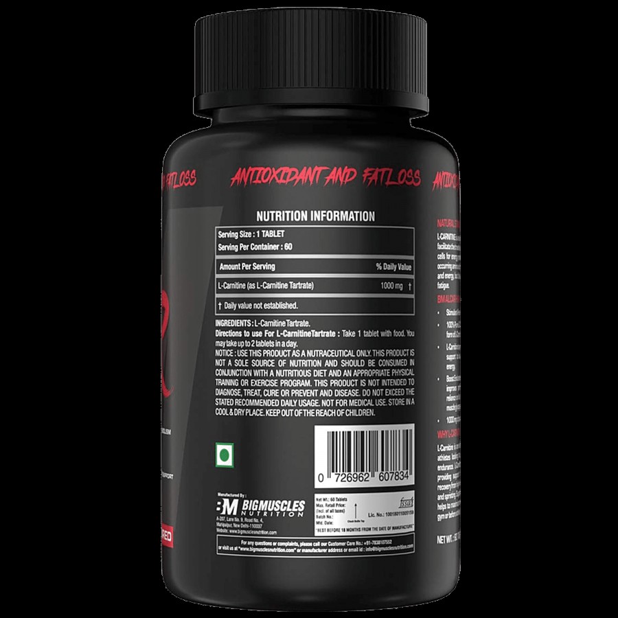 Bigmuscles Nutrition Alcar Tablets - Acetyl L- Cartinine 1000 mg Per Serve - Natural Fat Burner