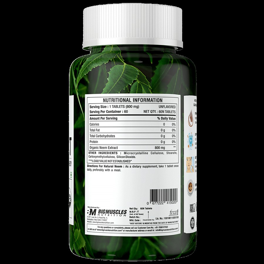 Bigmuscles Nutrition Natural Neem Extract Tablets (800mg) - Antioxidant Rich & Blood Purification