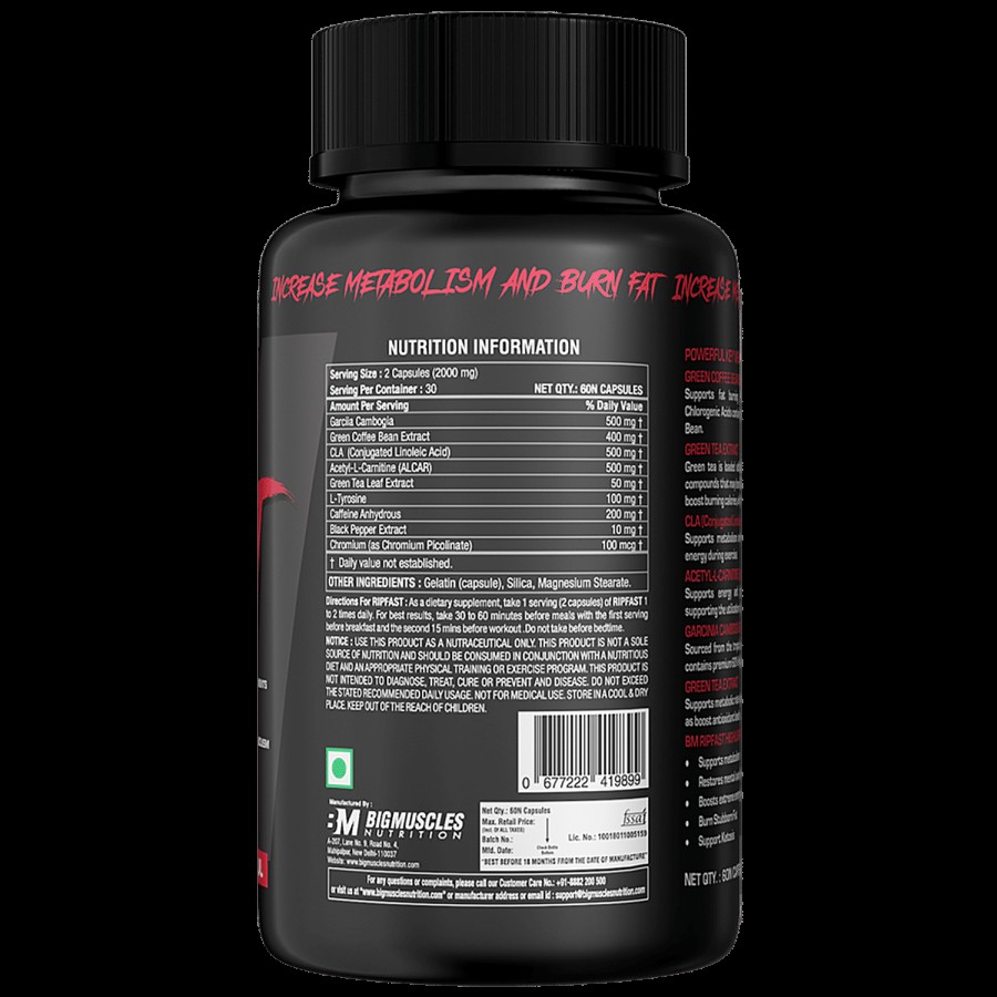 Bigmuscles Nutrition Ripfast Fat Burner Tablets - Improves Metabolism & Weight Management