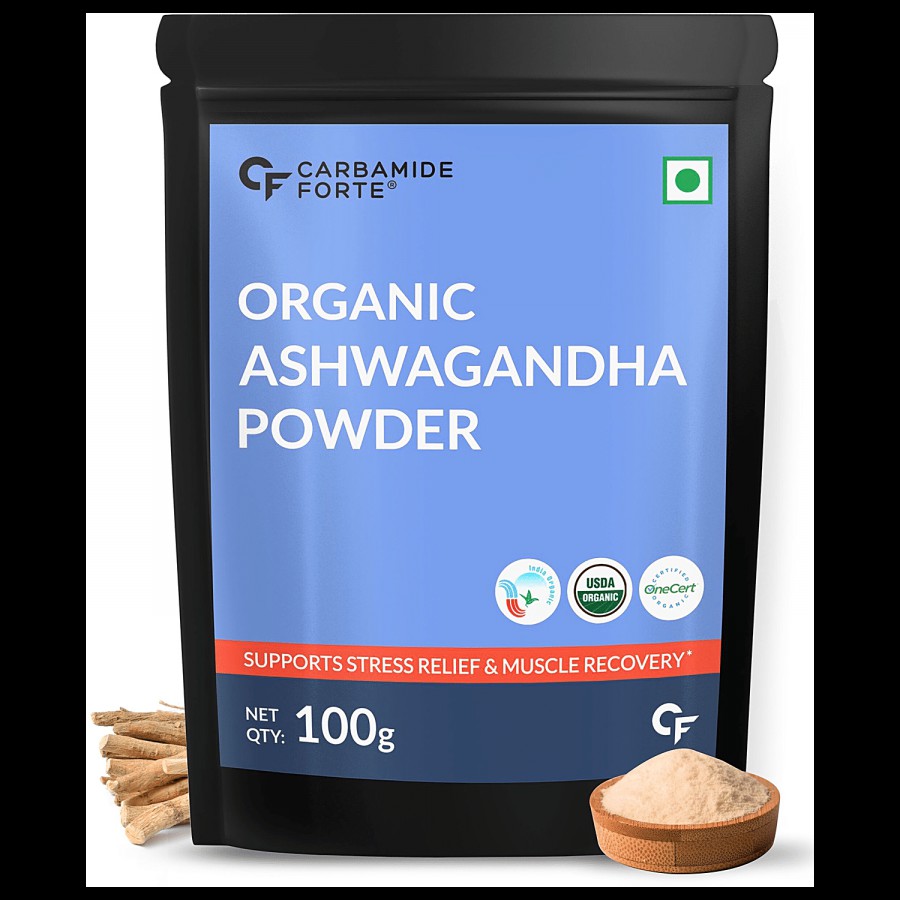 Carbamide Forte Certified Organic Ashwagandha Powder - Supports Stress Relief & Muscle Recovery