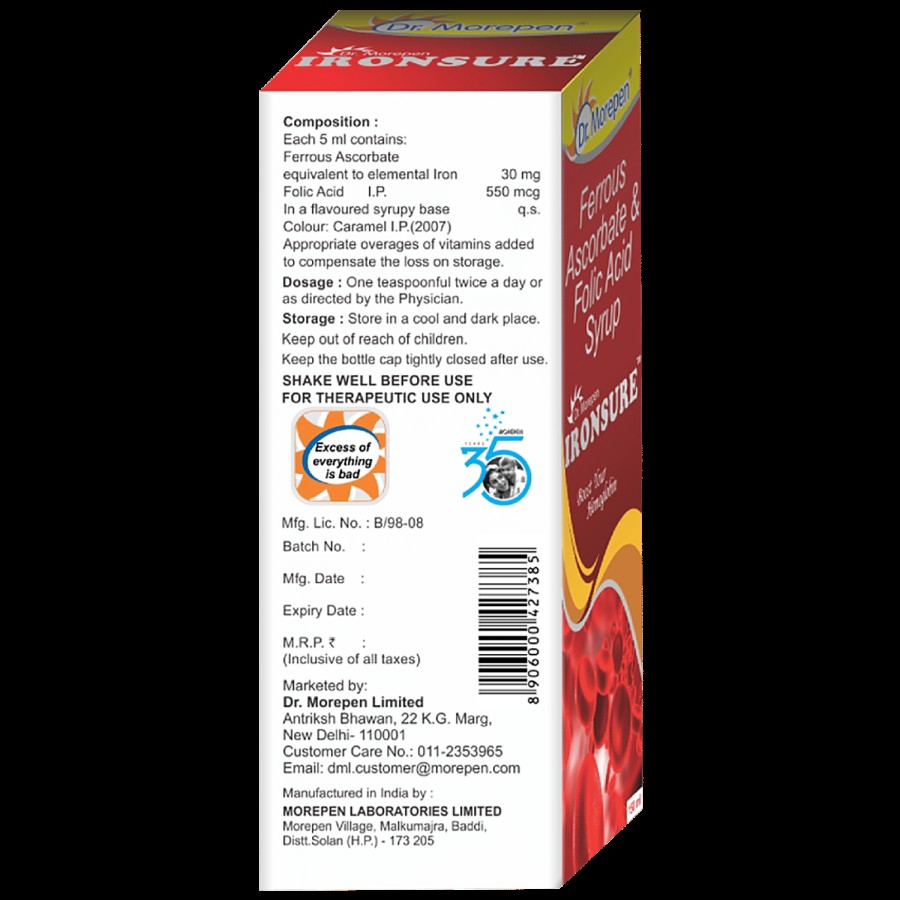 Dr. Morepen Ironsure - Folic Acid & Iron Supplement Hemoglobin Booster Syrup