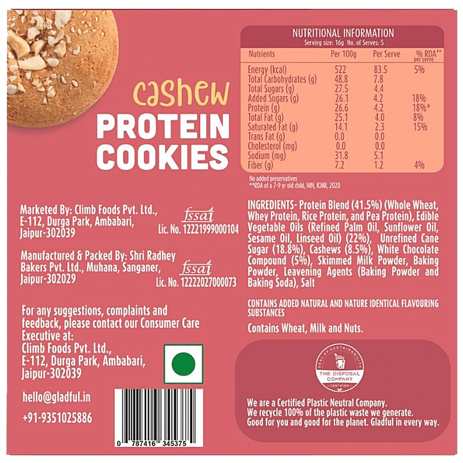 Gladful Cashew Protein Cookies - No Maida & Cholesterol