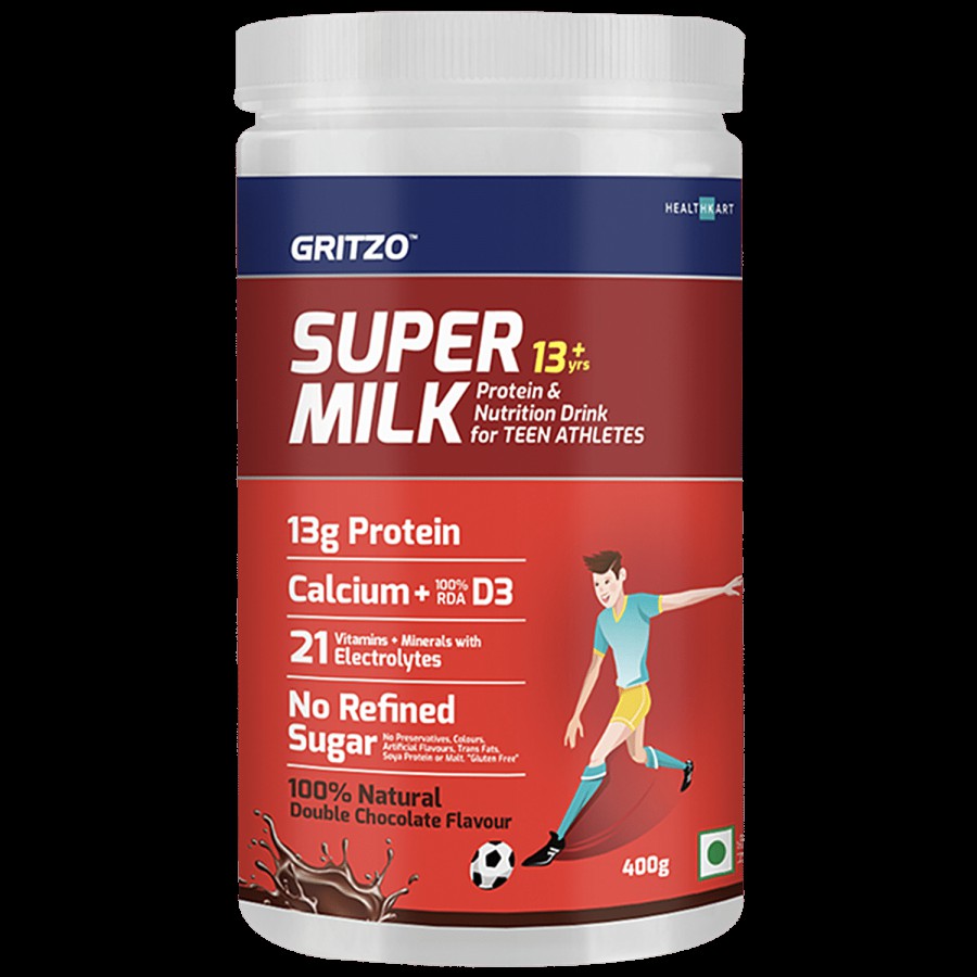 Gritzo SuperMilk Daily Nutrition For 13+Y Teen Athletes With Zero Refined Sugar - Double Chocolate