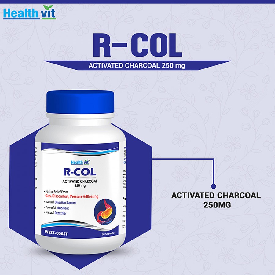 Healthvit R-Col Activated Charcoal 250 mg Capsules - Natural Digestion Support