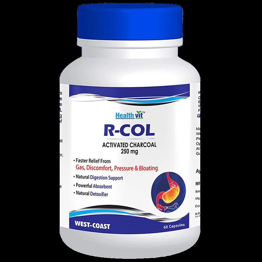 Healthvit R-Col Activated Charcoal 250 mg Capsules - Natural Digestion Support