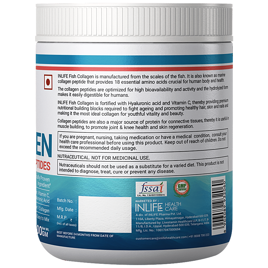 INLIFE Hydrolyzed Fish Collagen Peptides Powder - Strawberry Lemon Flavour