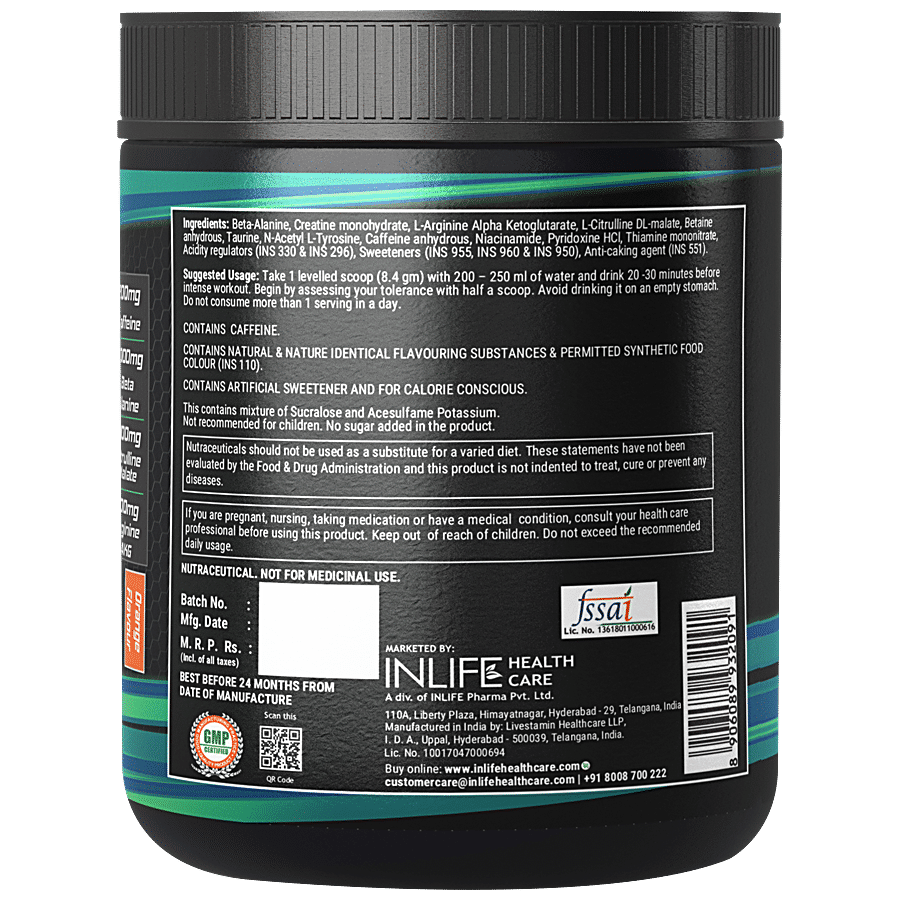 INLIFE Pre-Workout Supplement Powder - 200mg Caffeine