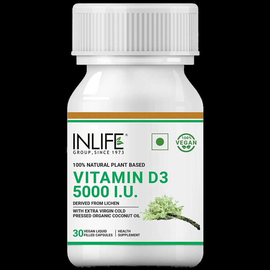 INLIFE Plant Based Vitamin D3 5000 IU Capsules - With Cold Pressed Coconut Oil