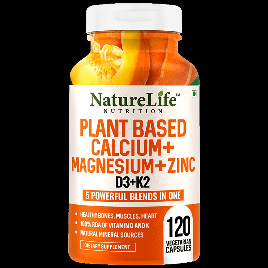 Nature Life Nutrition Plant Based Calcium Magnesium Zinc D3 & K2 Dietary Supplement Capsules - For Bones