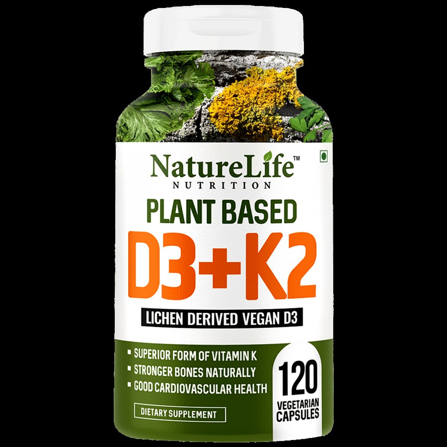 Nature Life Nutrition Plant Based D3 & K2 Vitamin Supplement Tablets - For Stronger Bones