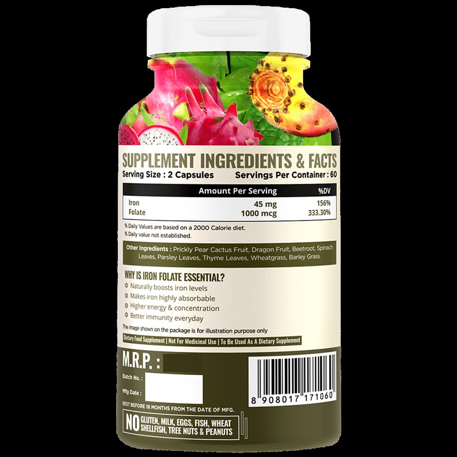 Nature Life Nutrition Plant Based Iron & Folate Dietary Supplement Capsules - For Energy