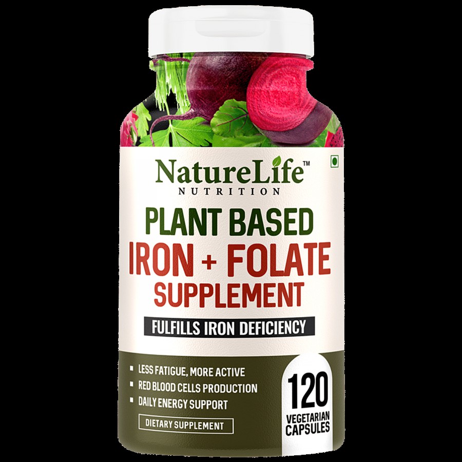 Nature Life Nutrition Plant Based Iron & Folate Dietary Supplement Capsules - For Energy