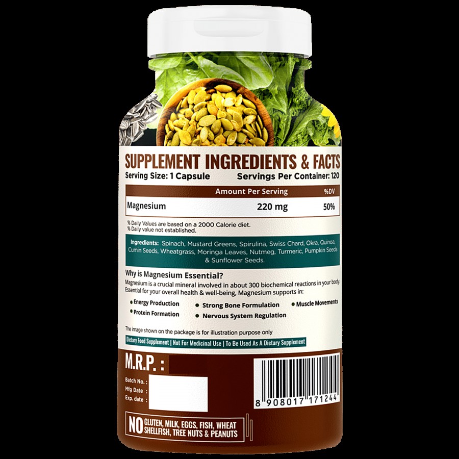 Nature Life Nutrition Plant Based Magnesium Dietary Supplement Capsules - For Bones & Muscles