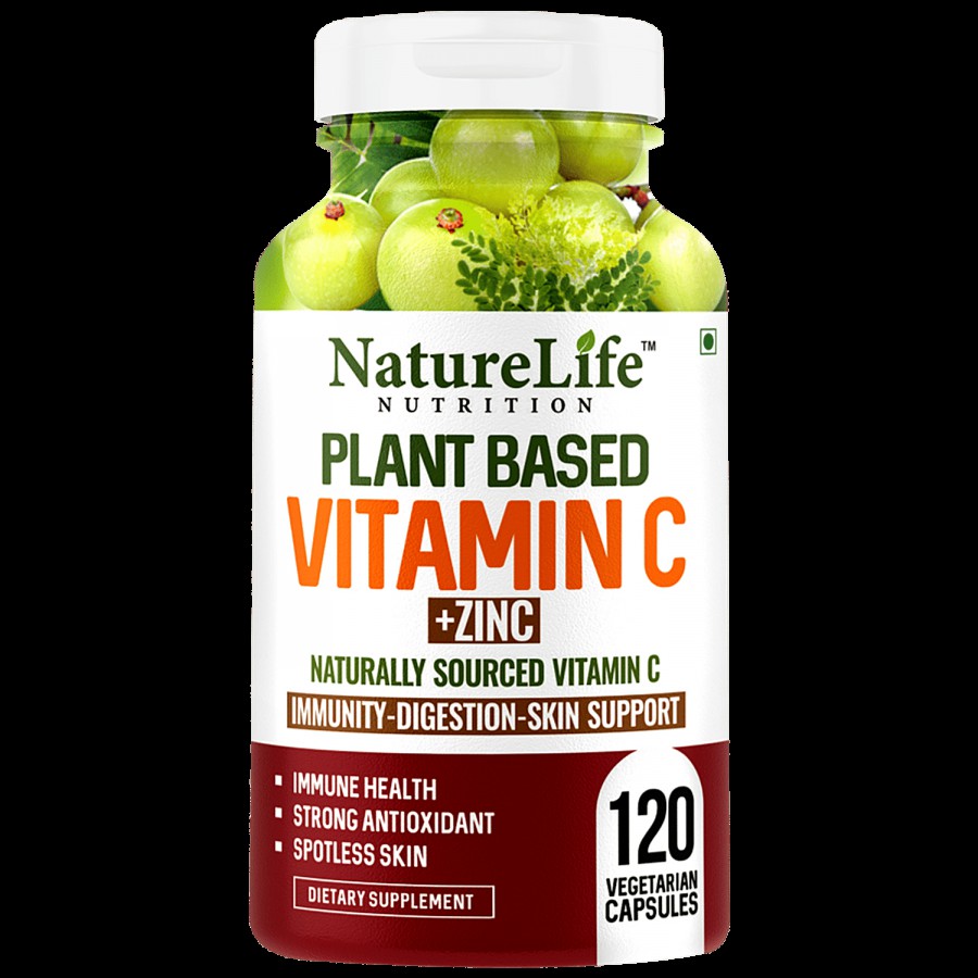 Nature Life Nutrition Plant Based Vitamin C Dietary Supplement Capsules - With Zinc