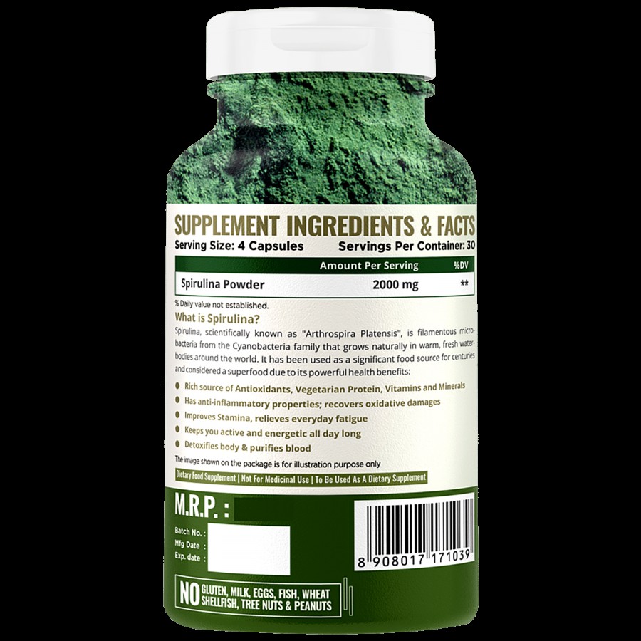 Nature Life Nutrition Spirulina Super Food Dietary Supplement Capsules - Rich In Protein