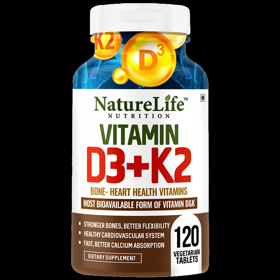 Nature Life Nutrition Vitamin D3 & K2 Supplement Tablets - For Heart & Bone Health Support