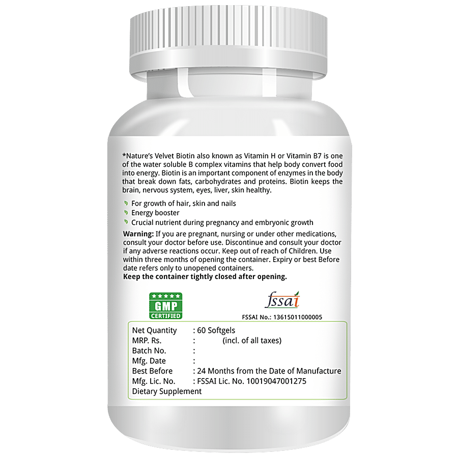 Natures Velvet Biotin 5000mcg Softgels - For Healthy Hair