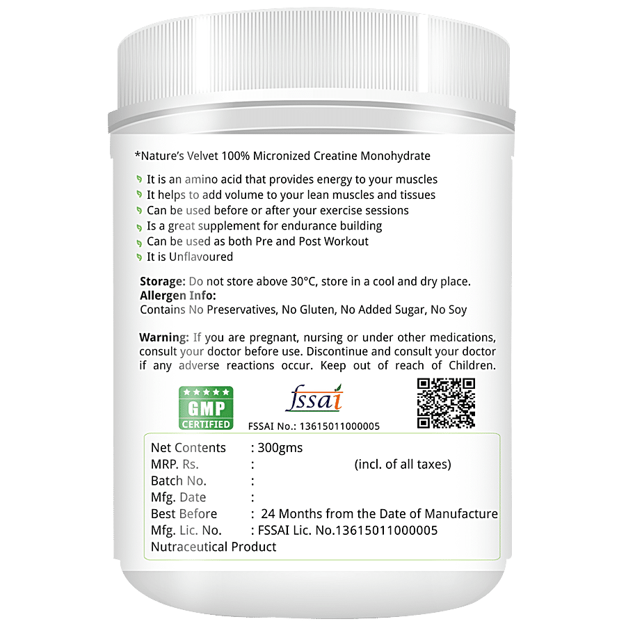 Natures Velvet Micronised Creatine Monohydrate Powder - Builds Lean Muscle