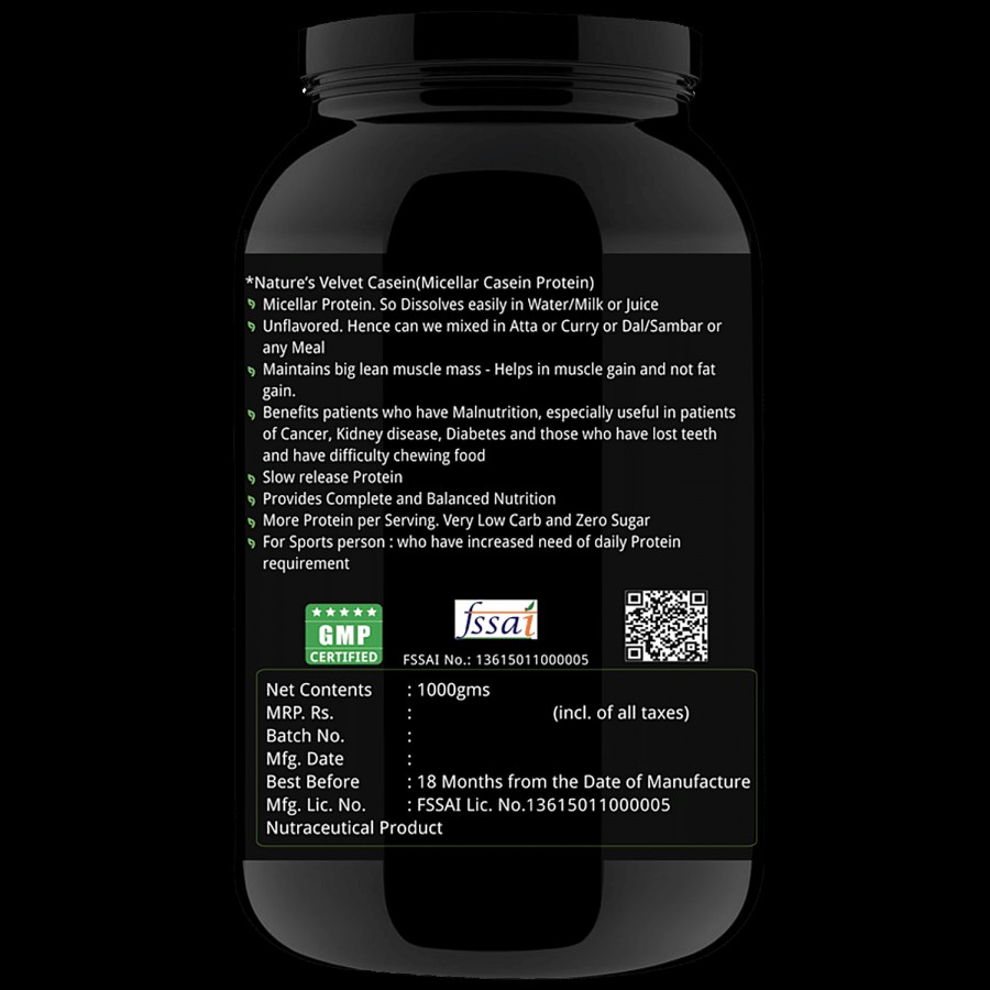 Natures Velvet 100% Casein Protein Dietary Supplement - Vegetarian & Natural Slow Digesting Dairy Protein