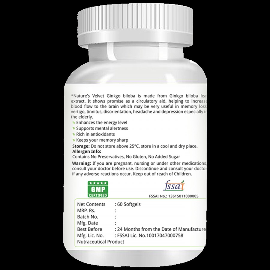 Natures Velvet Ginkgo Biloba Extract 80mg Softgels - Improves Brain function